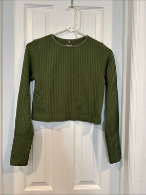 Olive Ribbed Long-Sleeve Crop Top